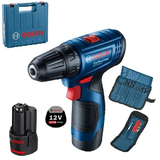 Bosch Professional GSR 120-LI akumulatorska bušilica/odvrtač + 23 delni set pribora (2x 2,0 Ah, GAL 1210 CV, kofer)