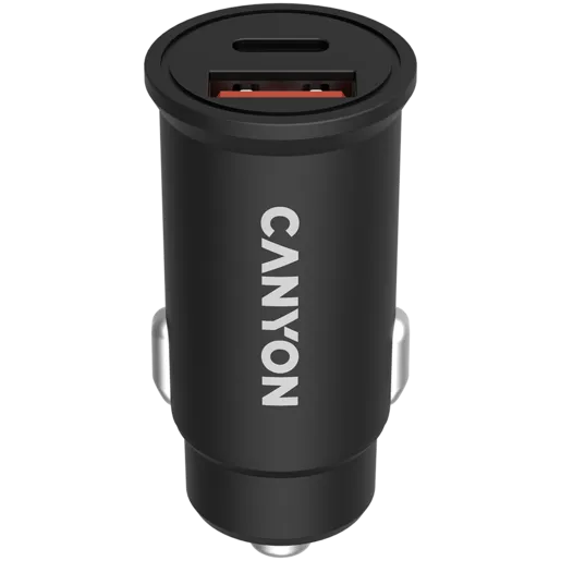 CANYON С-20B03, PD 30W/QC3.0 18W Pocket size car charger with 1-USB A+ 1-USB-C Input: DC12V-24V, Output: USBC: PD30W( 5V3A/9V3A/12V2.5A/15V2A/20V1.5A),USB-A:QC3.0 18W (5V3A