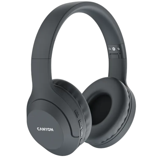 CANYON BTHS-3, Canyon Bluetooth headset,with microphone, BT V5.1 JL6956, battery 300mAh, Type-C charging plug, PU material, size:168*190*78mm, charging cable 30cm and audio cable 100cm, Dark grey