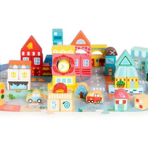 Eco toys Edukativne drvene kocke city set sa podlogom 88 kom MA705