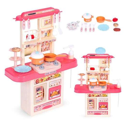 EcoToys Dečija kuhinja sa zvukom, led svetlom, sudoperom i 10 dodataka roze