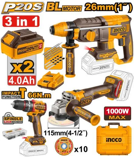 INGCO Aku set (HAMER+BUŠ+BRUSIL.) SUPER COSLI240202