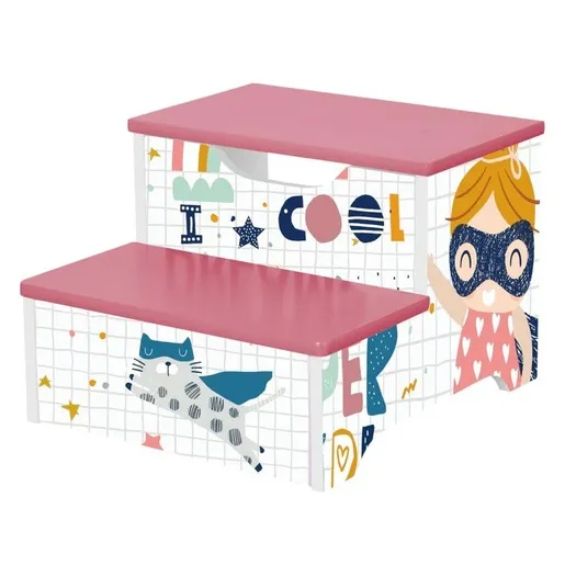 KINDER HOME Dečija stolica, drvene stepenice na 2 nivoa, roze, SUPER DEVOJČICA TF-6019