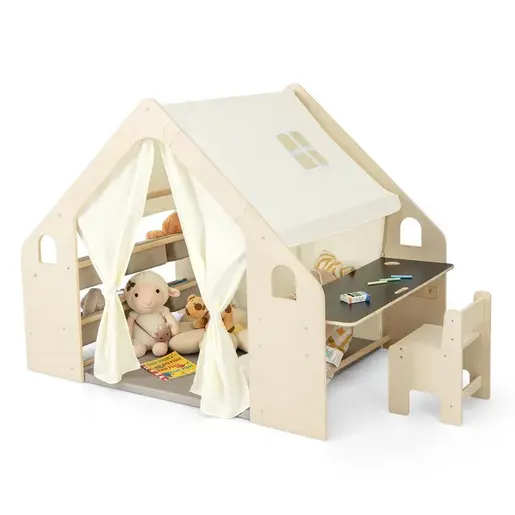 KINDER HOME Dečiji drveni letnjikovac 6 u 1  – stolica, sto, tabla, organizator, tenda i mekana podloga AT-KF-2401