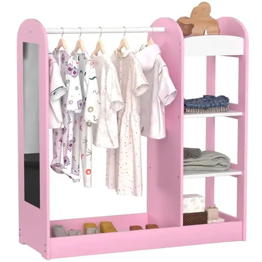 KINDER HOME Dečiji stalak za odeću sa ogledalom - Dečiji otvoreni orman sa policama i vešalicama, roze AT-DC-2108-P