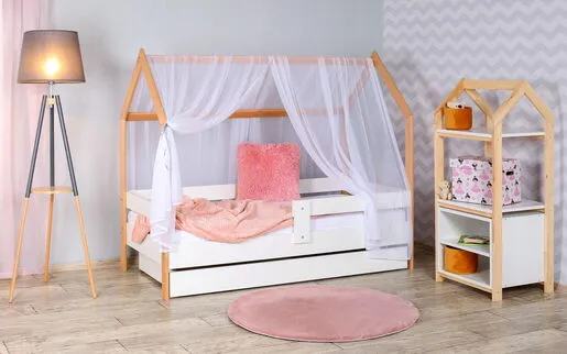 Krevet kućica sa fiokom i dušekom 180x80 DOMEK - BELA (bukva) 77001