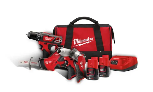 Milwaukee Aku set subkompaktni bušilica, udarni odvijač, klipna testera i  LED lampa sa dve baterije i punjačem u torbi M12 BPP4A-202B