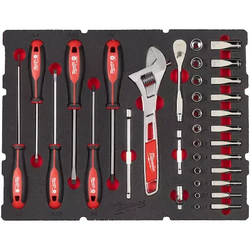 Milwaukee set čegrtaljke, nastavaka, odvijača i ključeva 1/4" u PACKOUT umetku od pene, 35 delova 4932480717