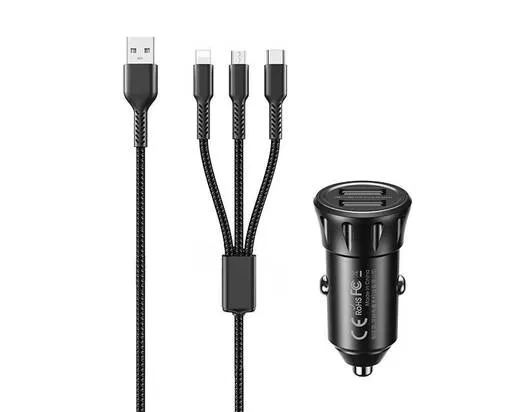 REMAX Auto punjač 2.4A 2xUSB+ kabl 3 u 1 RCC236, crni