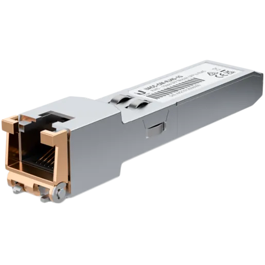 Ubiquiti UACC-CM-RJ45-1G SFP to RJ45 transceiver module that delivers 1 Gbps speed via a converted Ethernet connection.