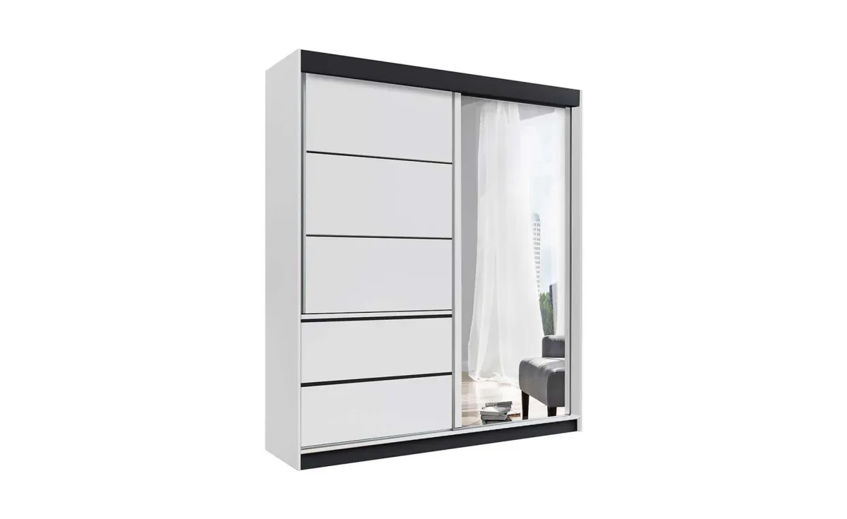 Adel klizni ormar 2 vrata + 2 fioke + ogledalo 150x61x215 cm bela/crna