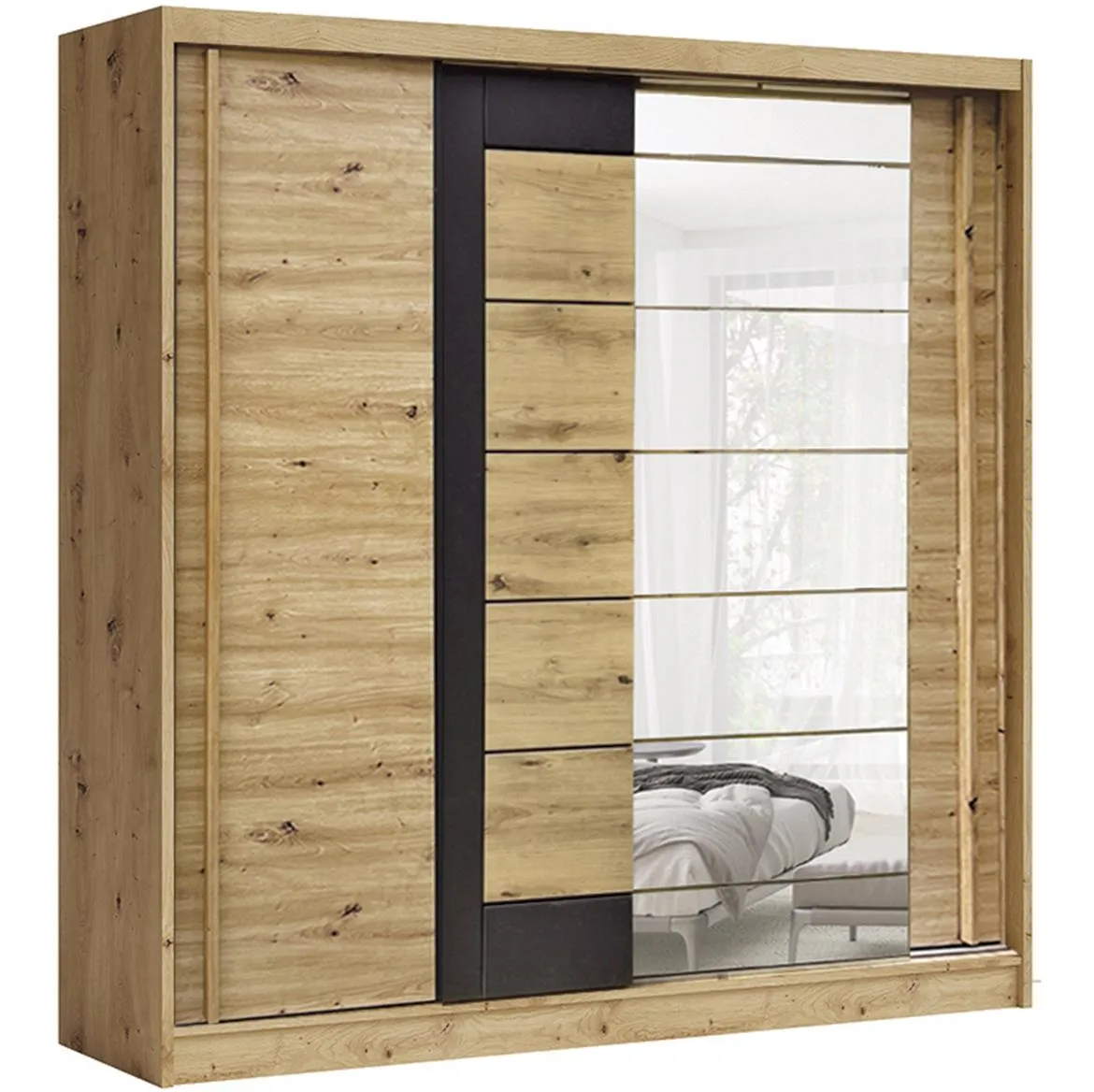 Avantgarde AV-4-200 klizni ormar 2 vrata/ogledalo 200x59x215 cm natur (artisan hrast)/crni