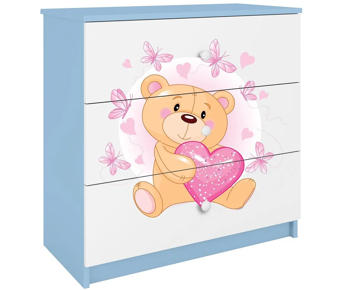 Babydreams komoda 3 fioke 81x41x80,5 cm bela/plava/print medveda 2