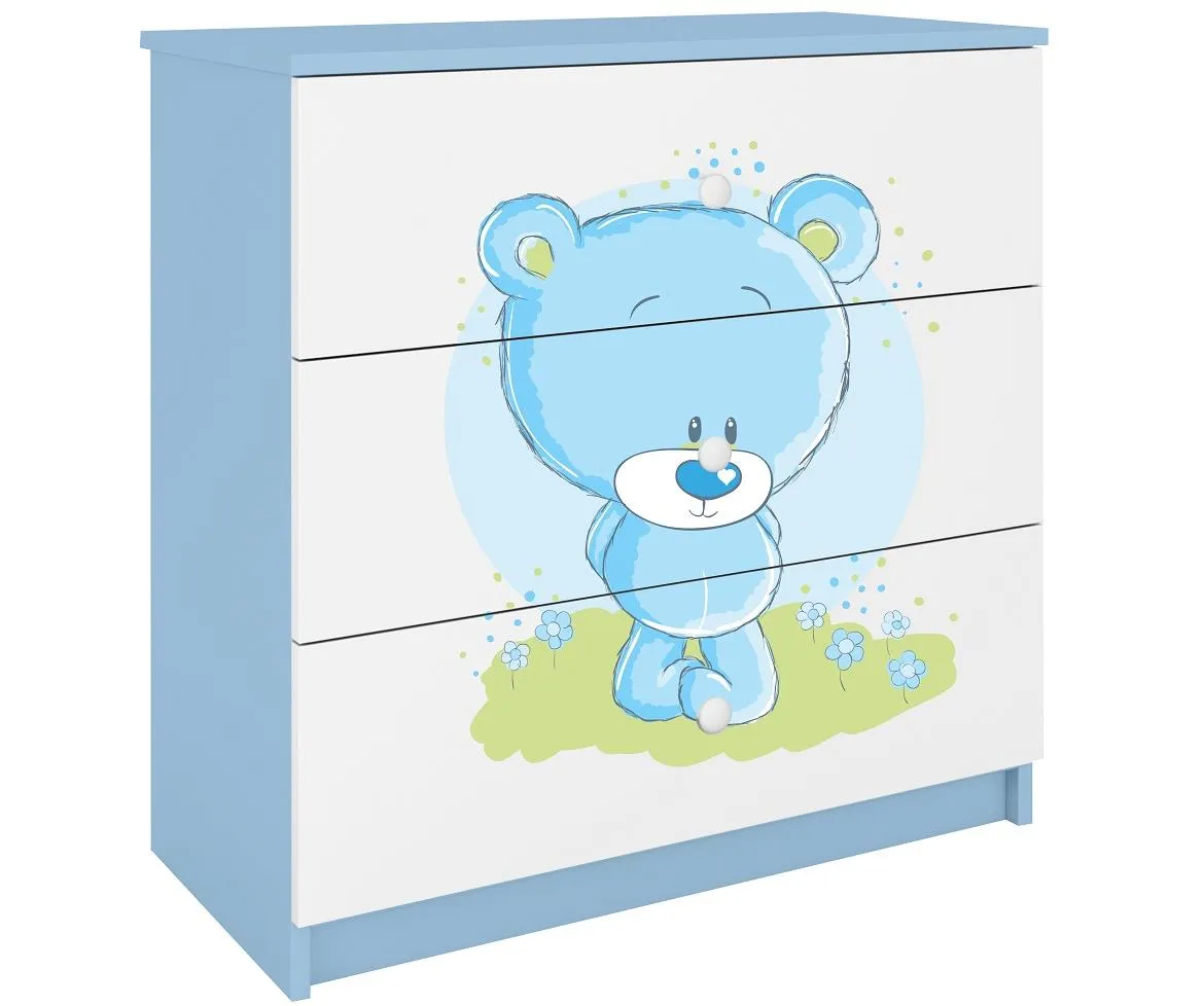 Babydreams komoda 3 fioke 81x41x80,5 cm bela/plava/print medveda 3