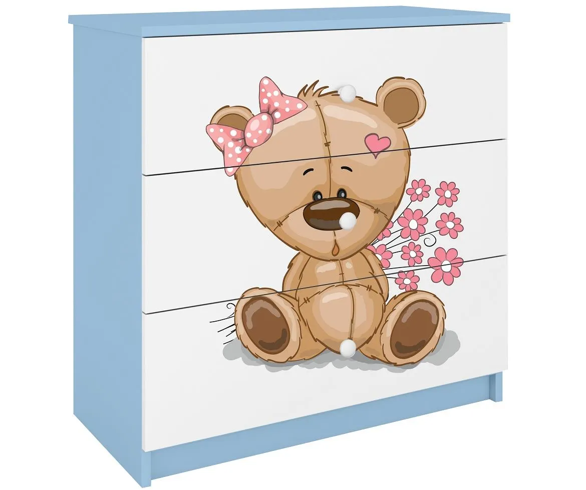 Babydreams komoda 3 fioke 81x41x80,5 cm bela/plava/print medveda
