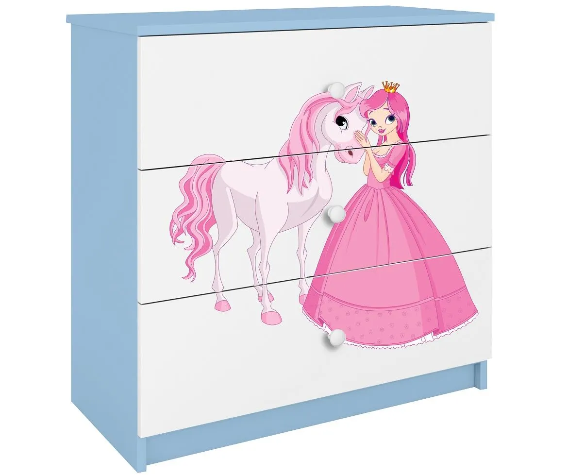 Babydreams komoda 3 fioke 81x41x80,5 cm bela/plava/print princeza 2