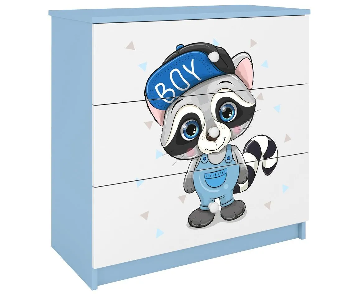 Babydreams komoda 3 fioke 81x41x80,5 cm bela/plava/print rakun