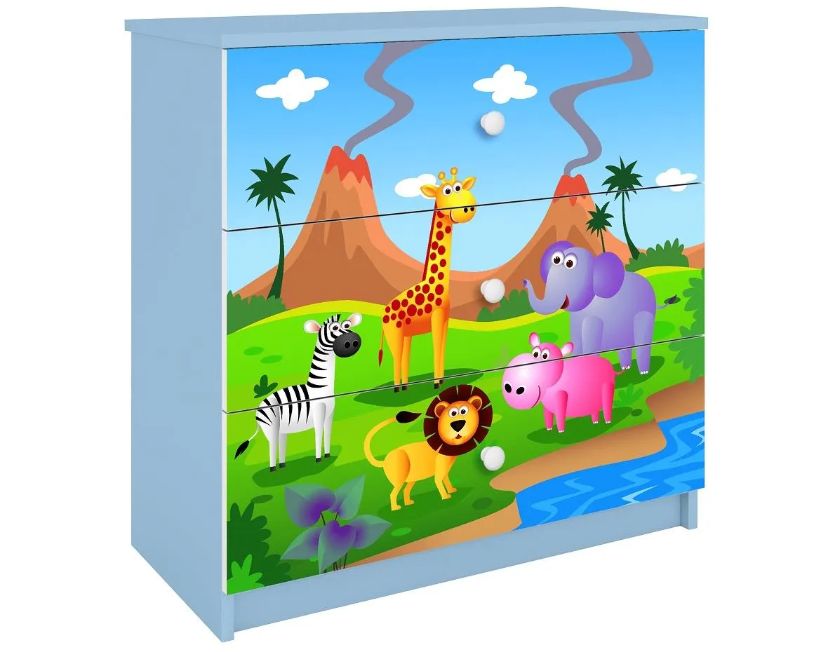 Babydreams komoda 3 fioke 81x41x80,5 cm bela/plava/print safari