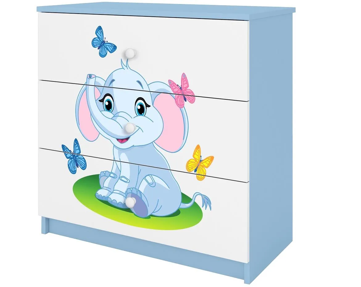 Babydreams komoda 3 fioke 81x41x80,5 cm bela/plava/print slona