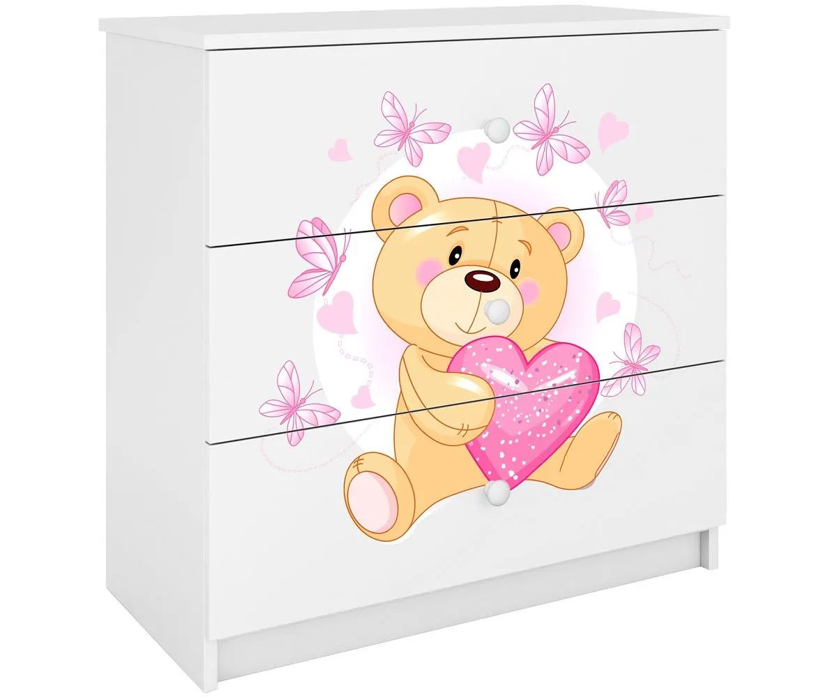 Babydreams komoda 3 fioke 81x41x80,5 cm bela/print medveda 2