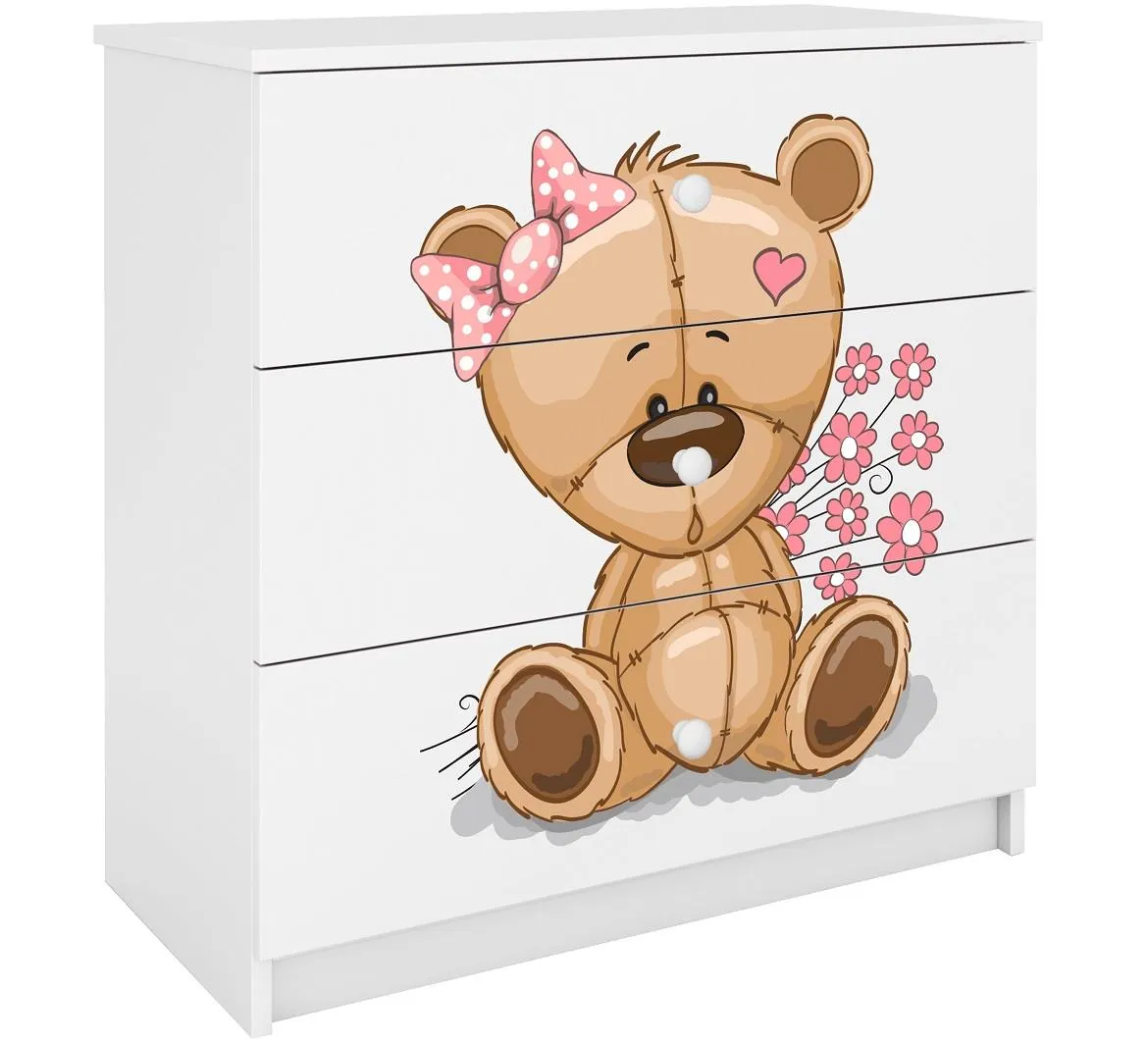 Babydreams komoda 3 fioke 81x41x80,5 cm bela/print medveda