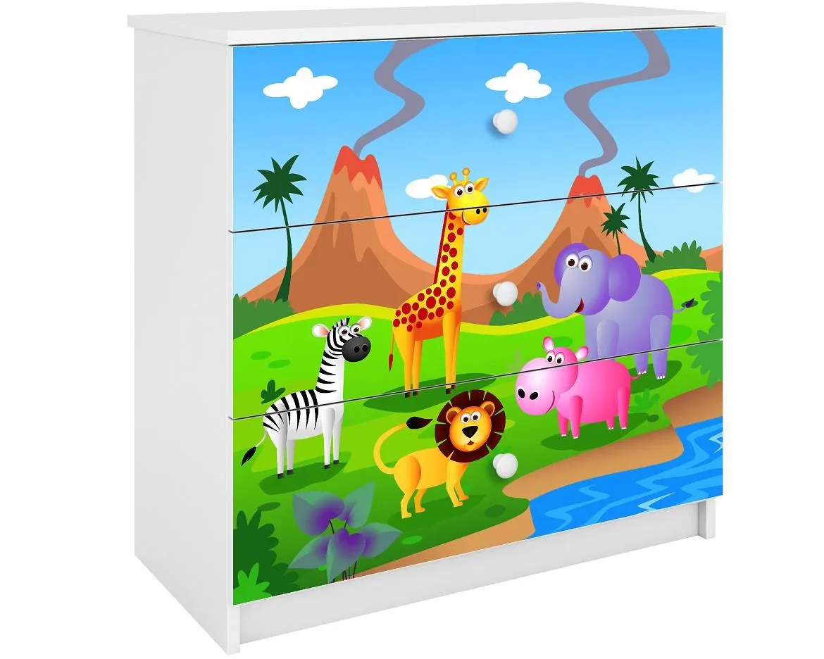 Babydreams komoda 3 fioke 81x41x80,5 cm bela/print safari