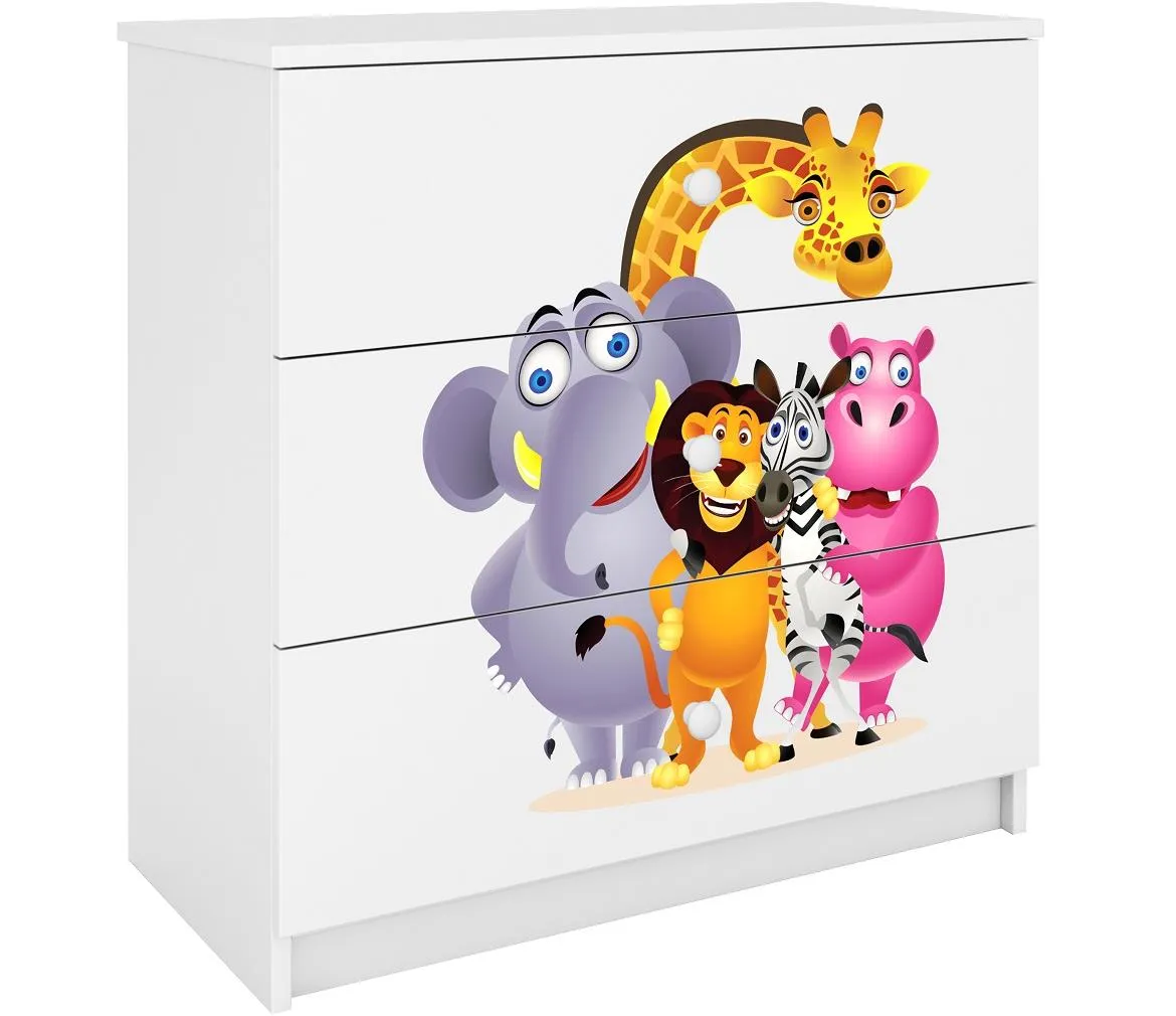 Babydreams komoda 3 fioke 81x41x80,5 cm bela/print zoo