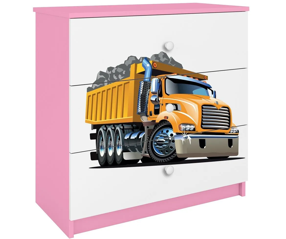 Babydreams komoda 3 fioke 81x41x80,5 cm bela/roze/print kamion