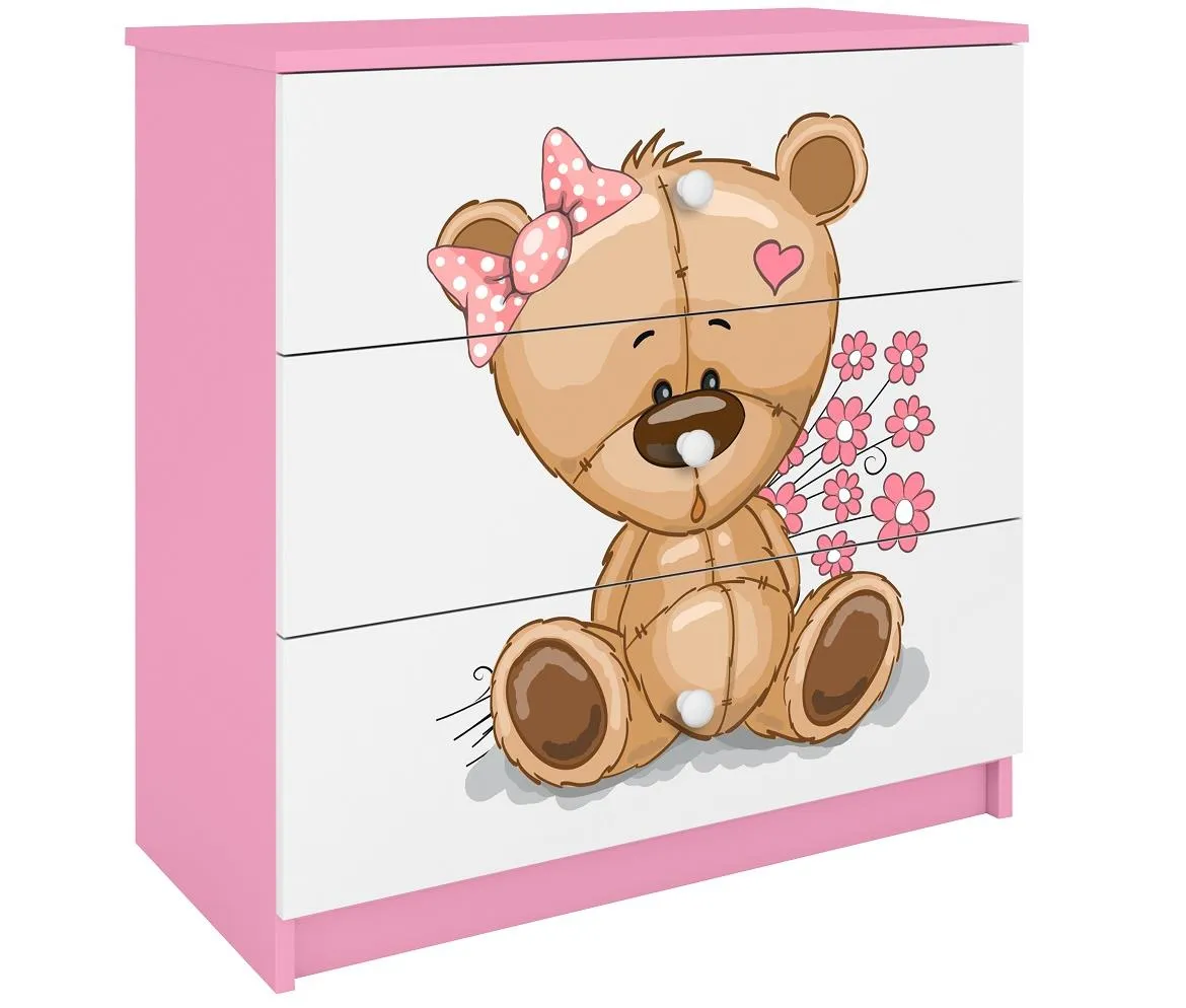 Babydreams komoda 3 fioke 81x41x80,5 cm bela/roze/print medveda