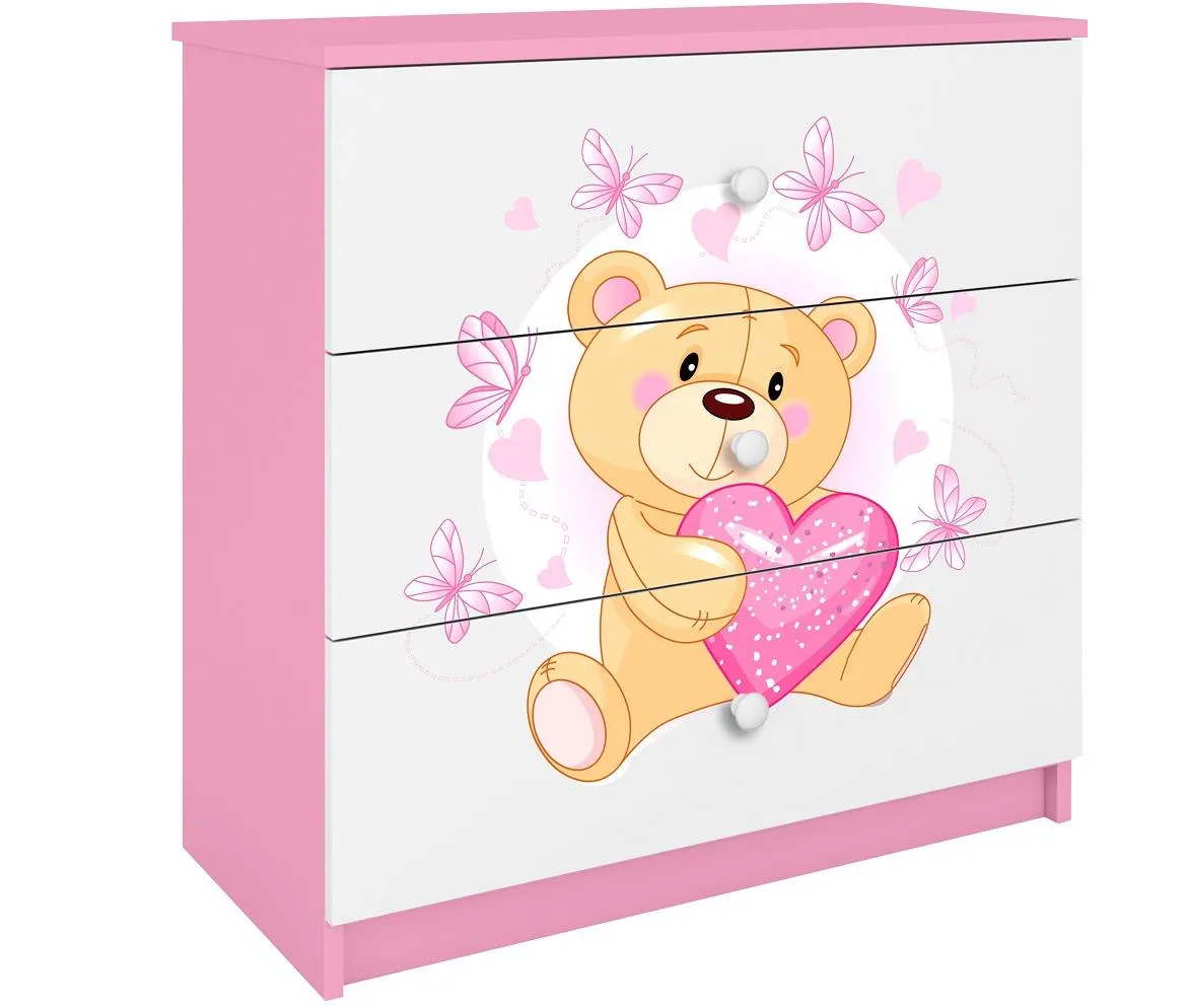 Babydreams komoda 3 fioke 81x41x80,5 cm bela/roze/print medveda 2