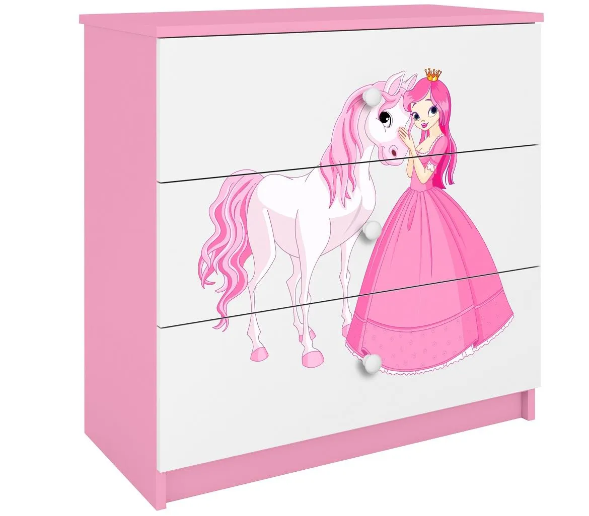 Babydreams komoda 3 fioke 81x41x80,5 cm bela/roze/print princeza 2