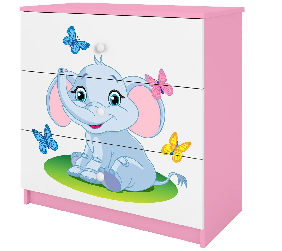 Babydreams komoda 3 fioke 81x41x80,5 cm bela/roze/print slona