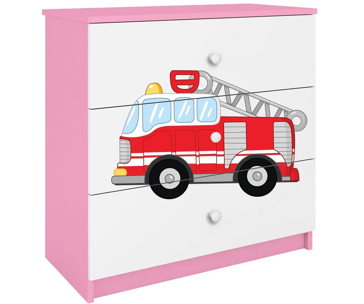 Babydreams komoda 3 fioke 81x41x80,5 cm bela/roze/print vatrogasni kamion
