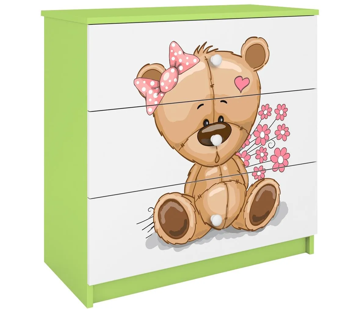 Babydreams komoda 3 fioke 81x41x80,5 cm bela/zelena/print medveda