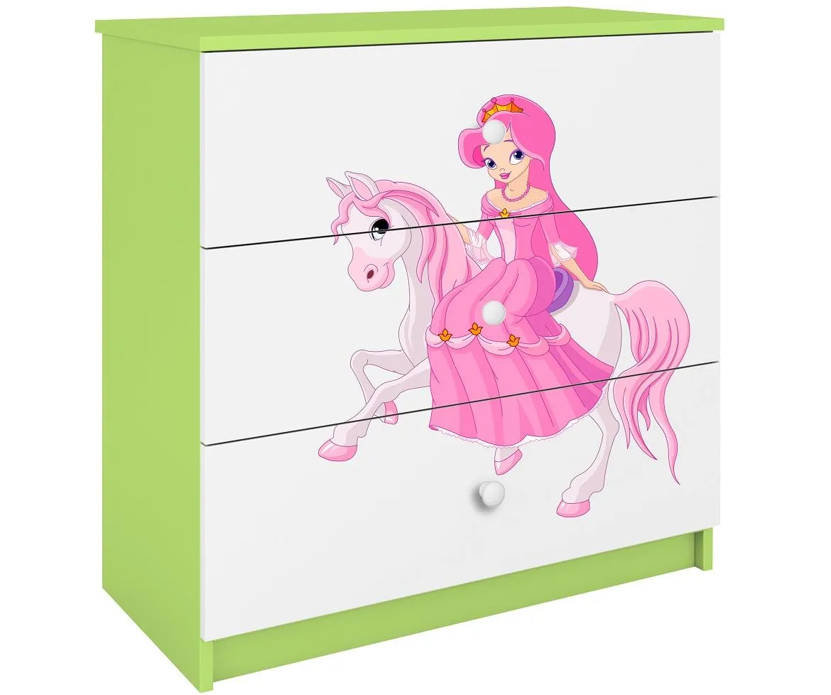 Babydreams komoda 3 fioke 81x41x80,5 cm bela/zelena/print princeza