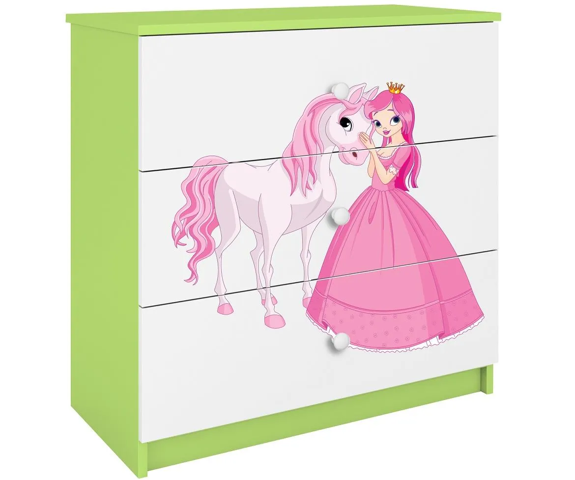 Babydreams komoda 3 fioke 81x41x80,5 cm bela/zelena/print princeza 2
