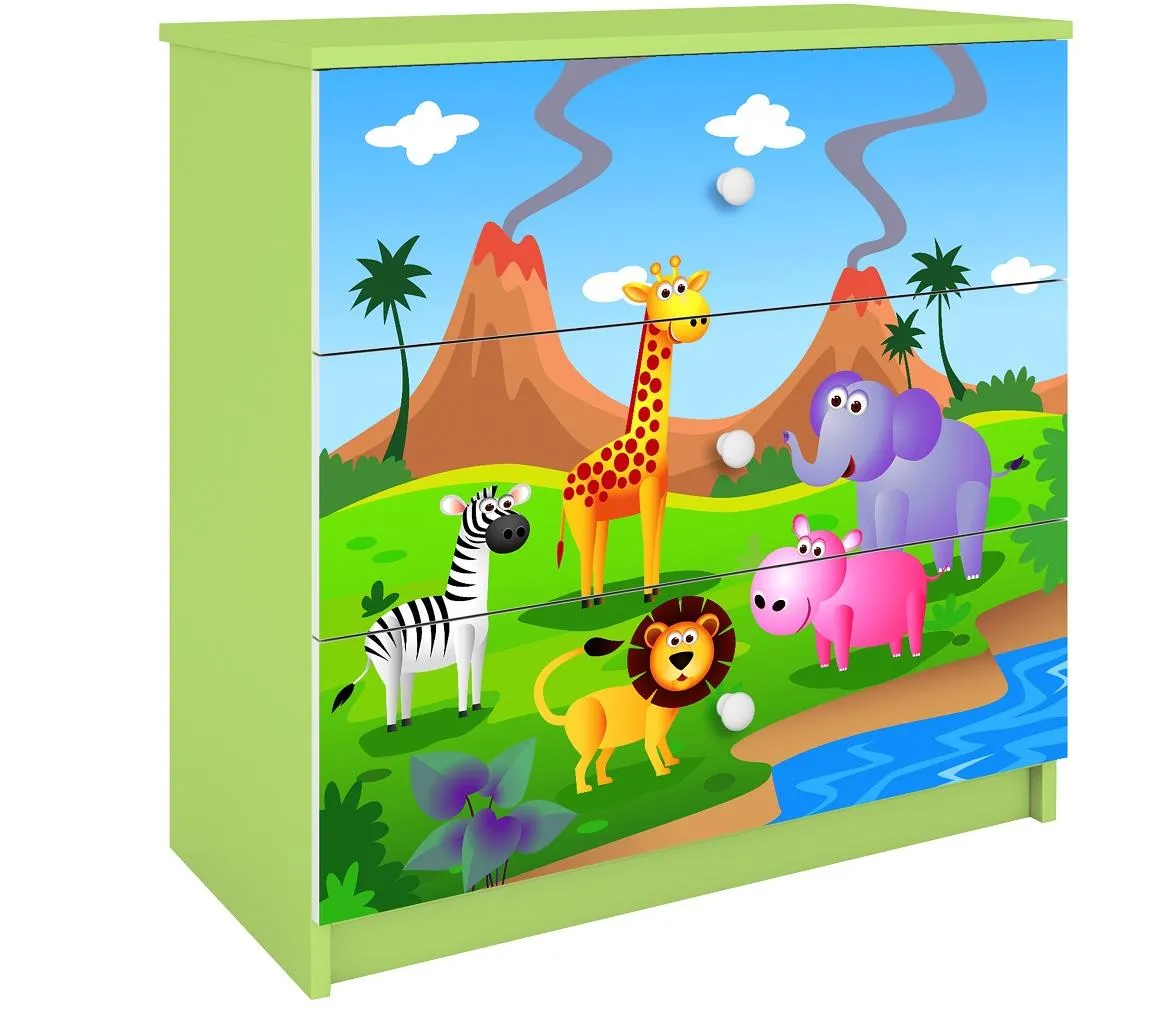 Babydreams komoda 3 fioke 81x41x80,5 cm bela/zelena/print safari