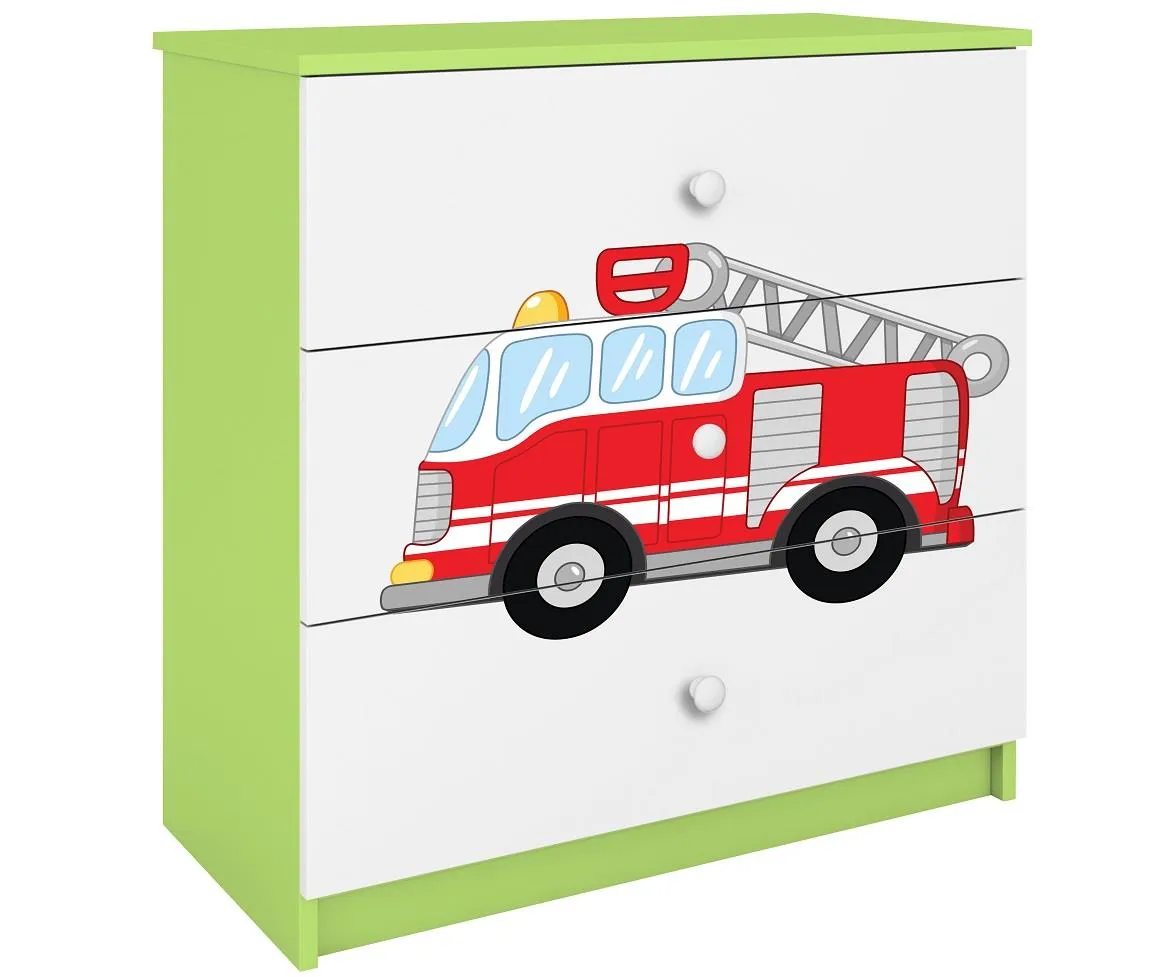 Babydreams komoda 3 fioke 81x41x80,5 cm bela/zelena/print vatrogasni kamion