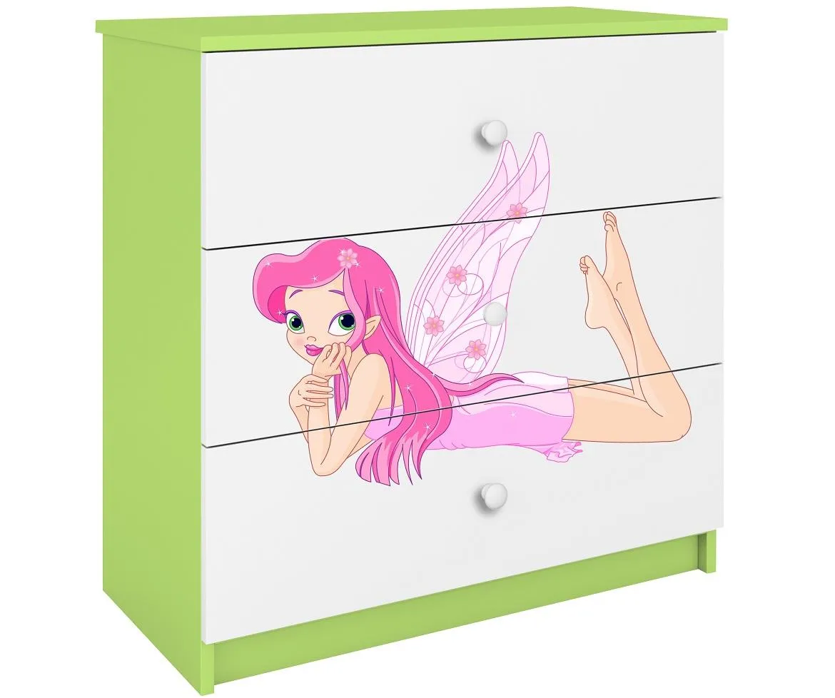Babydreams komoda 3 fioke 81x41x80,5 cm bela/zelena/print vile 2