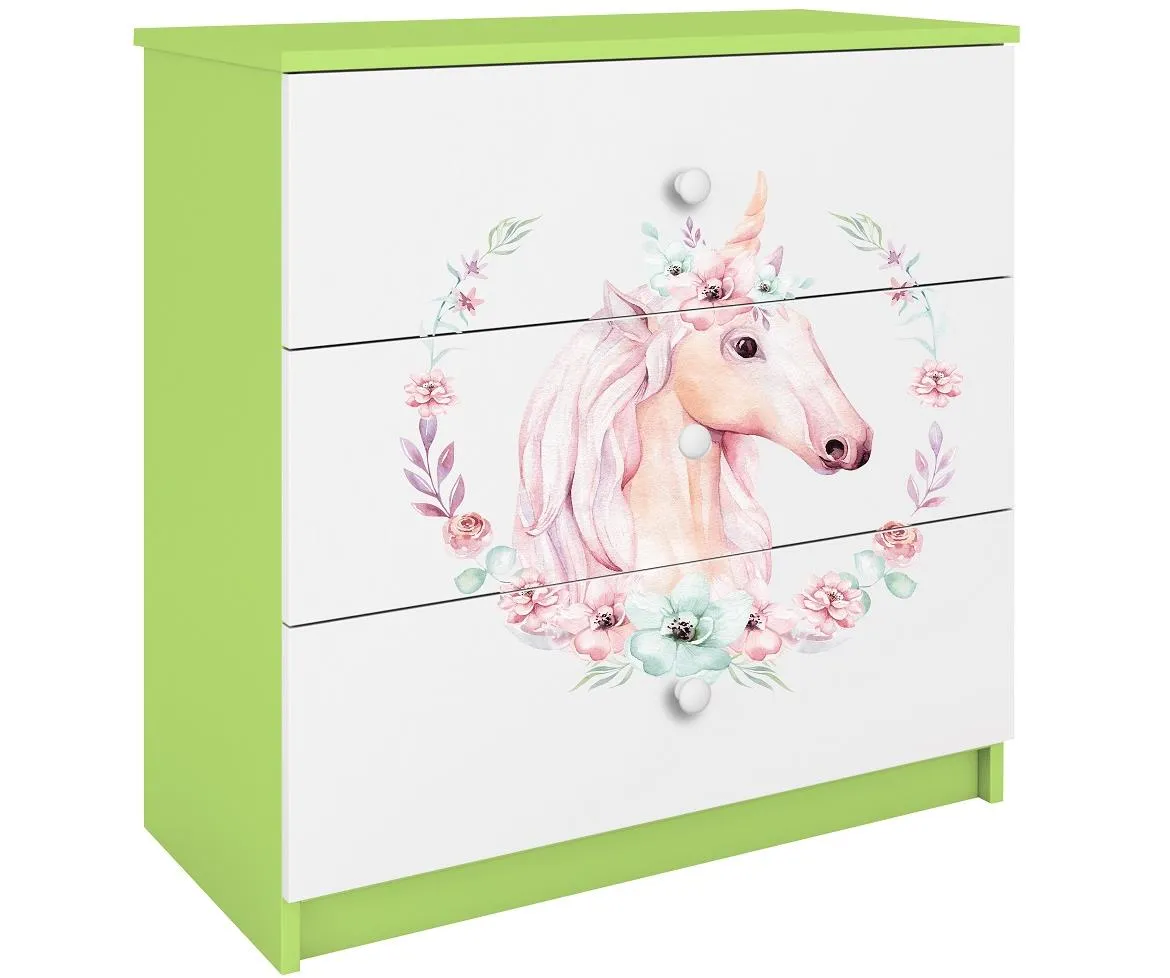 Babydreams komoda 3 fioke 81x41x80,5 cm zelena/bela/print jednorog