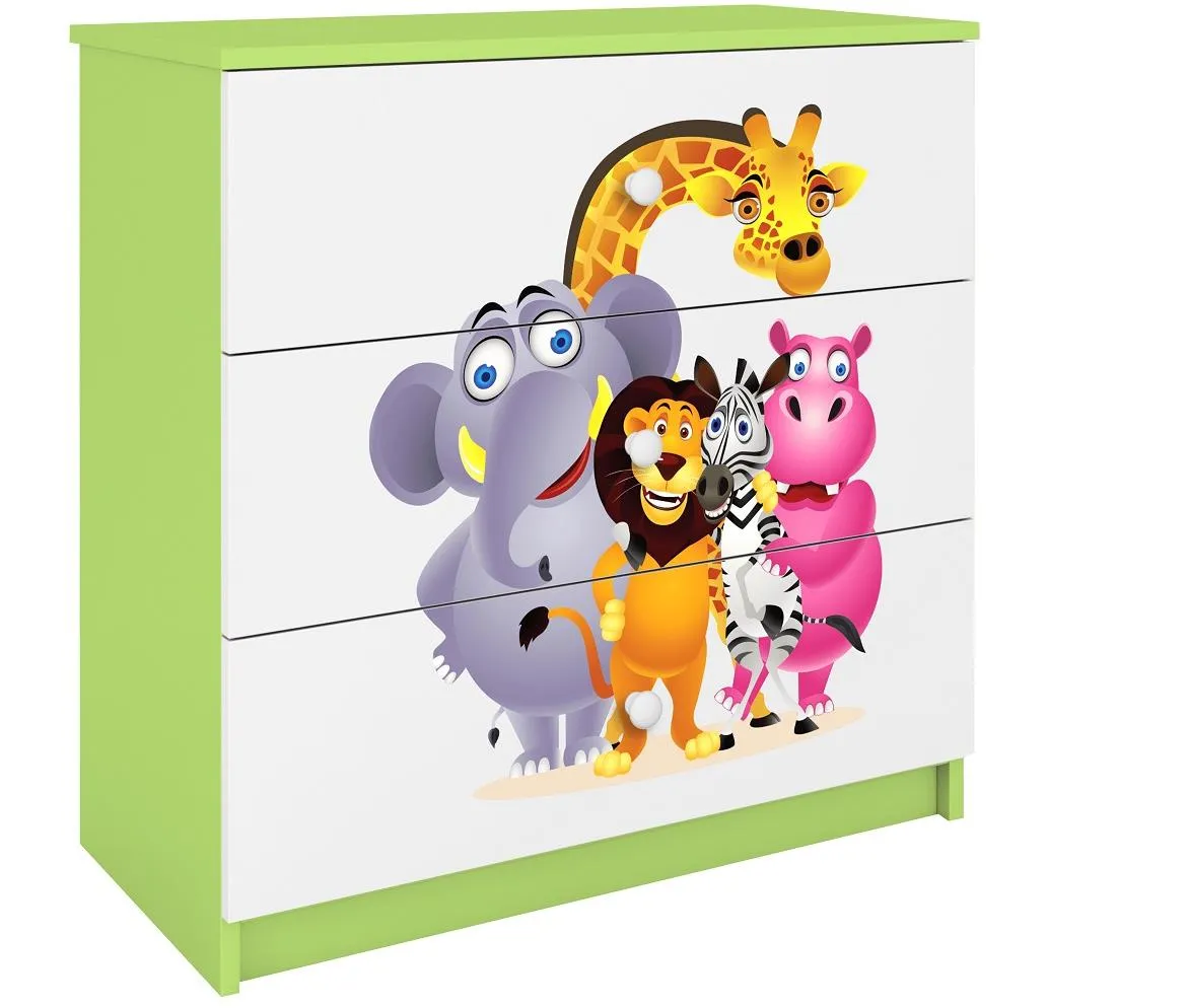Babydreams komoda 3 fioke 81x41x80,5 cm zelena/bela/print zoo