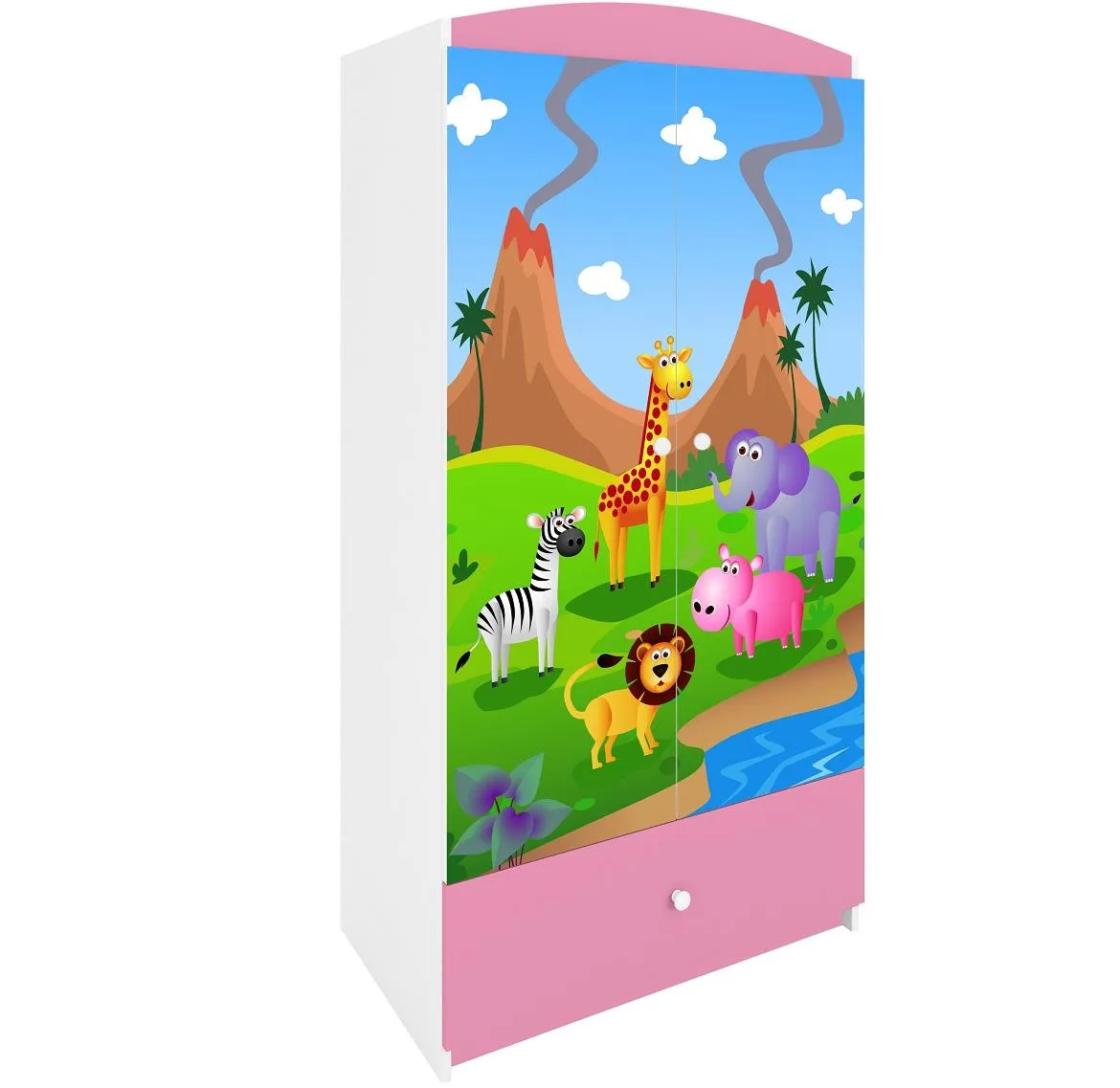 Babydreams ormar 2 vrata+1 fioka 90x57x187 cm beli/roze/print safari