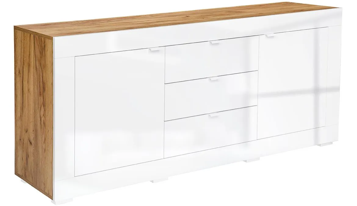Berlin komoda 2 vrata+3 fioke 180x42x82 bela visoki sjaj/zlatni hrast