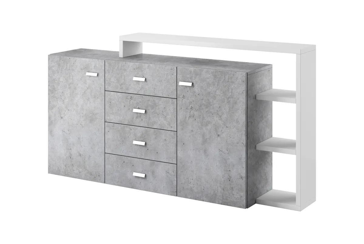 Bota komoda 2 vrata + 4 fioke + 3 police 180x37x98 cm beton/bela