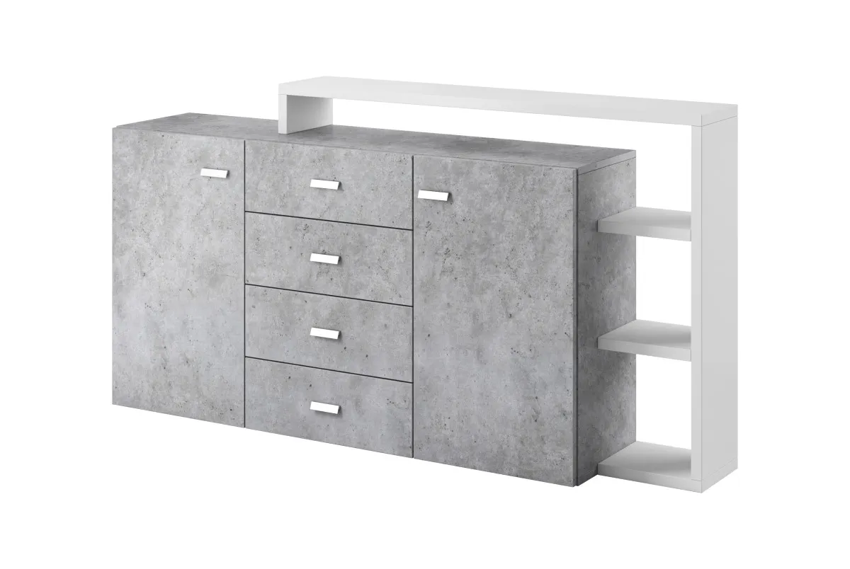 Bota komoda 2 vrata + 4 fioke + 3 police 180x37x98 cm beton/bela