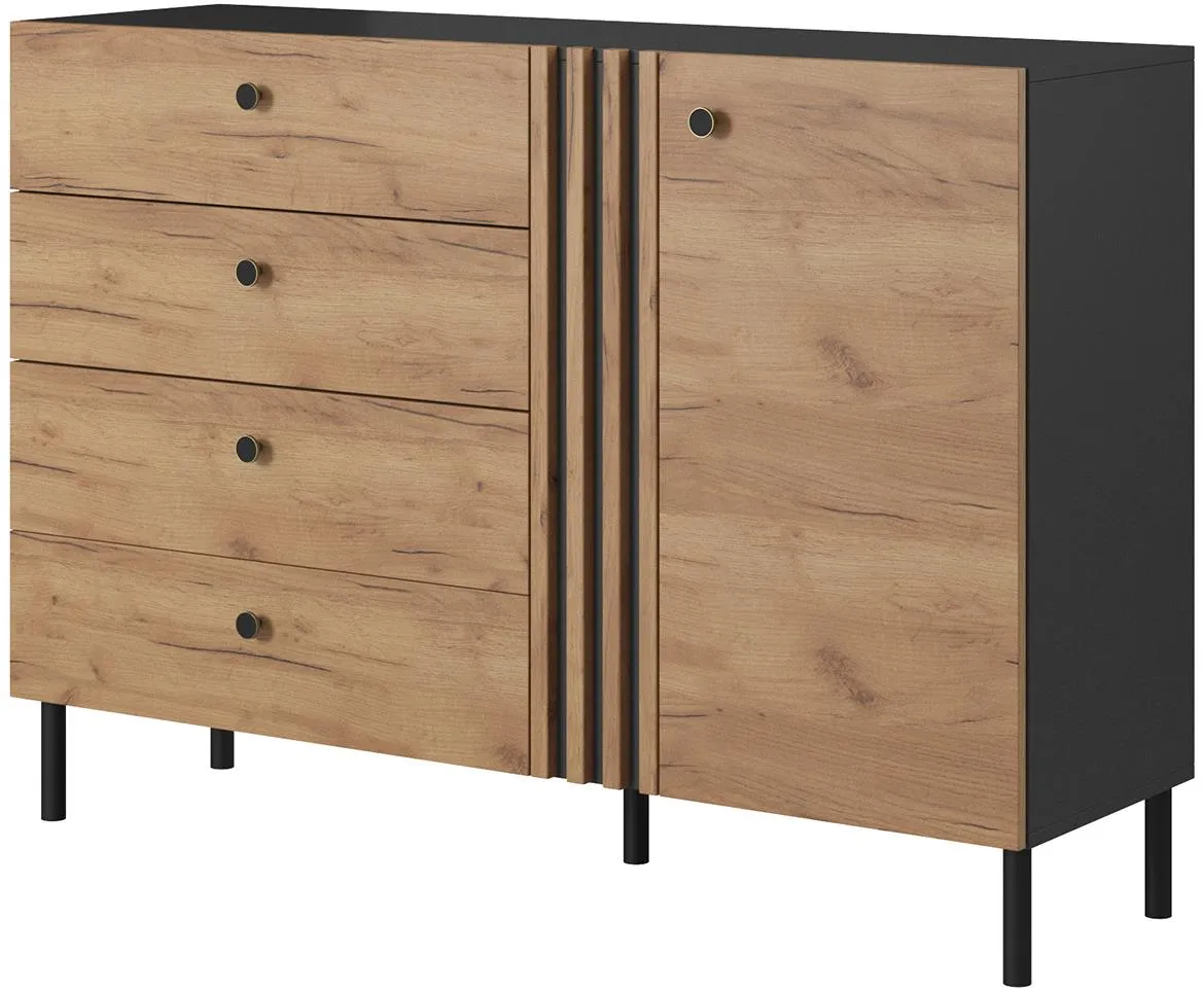 Deco 138 komoda 1 vrata+4 fioke 138,1x40x96,3 cm hrast/tamno siva