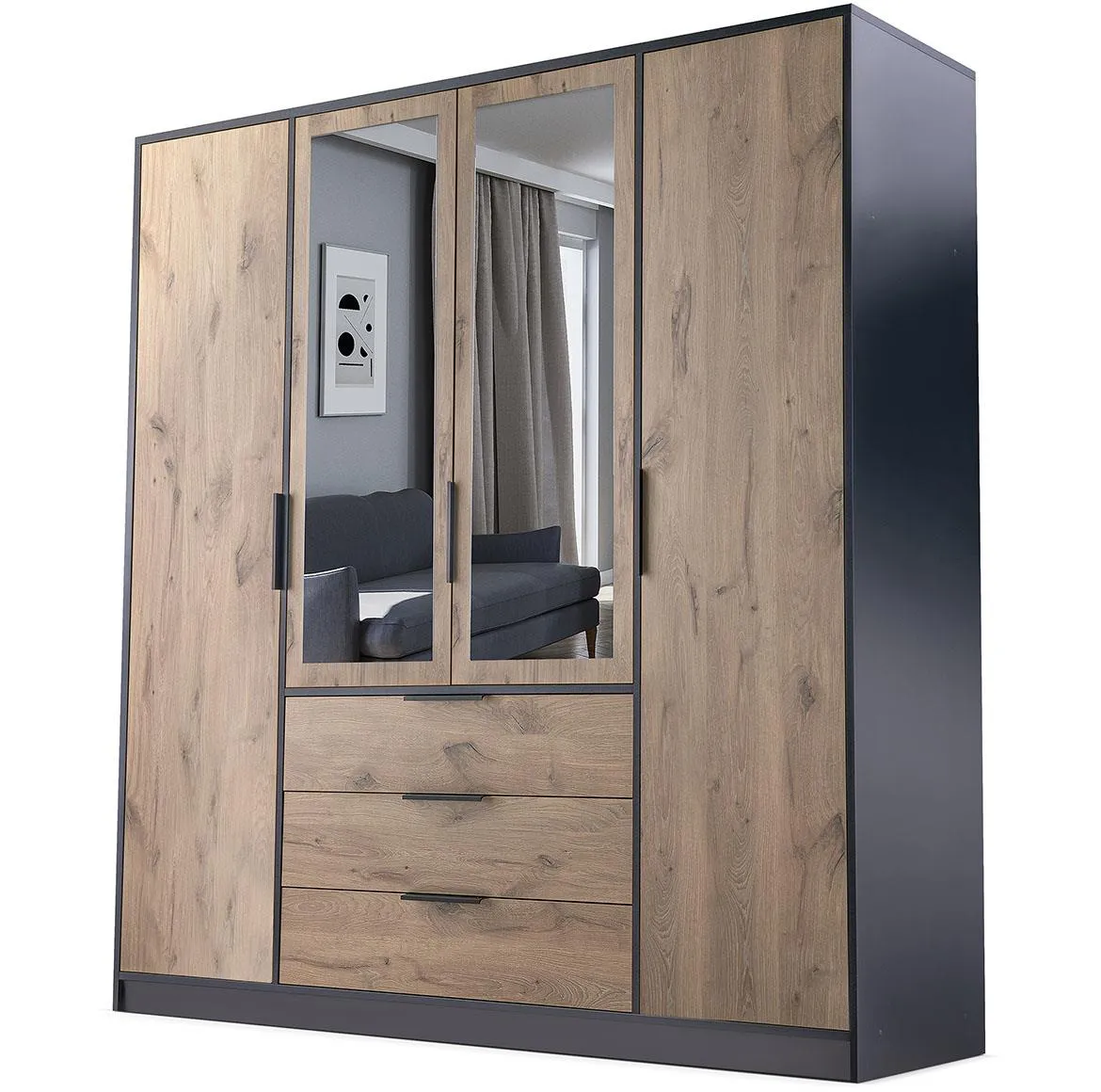 Duarte ormar 4 vrata/ogledalo+3 fioke 196x57,5x200 cm crni/tamni hrast