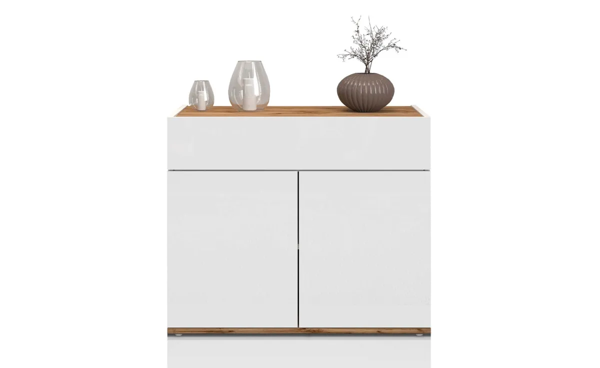 Garda komoda 2 vrata +1 fioka 80x35x70 cm bela visoki sjaj/hrast