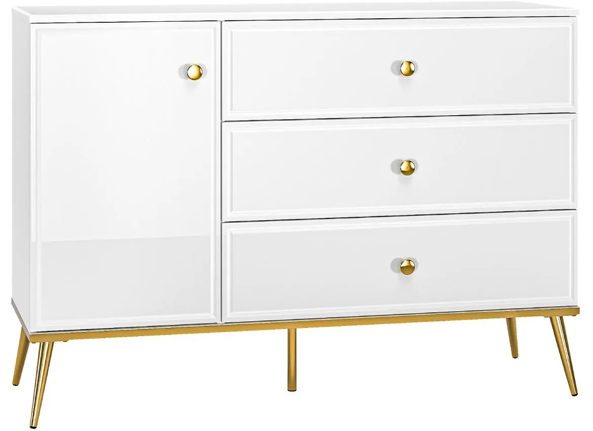 Goldin 05 komoda 1 vrata+3 fioke 120x40x85 cm bela visoki sjaj/zlatna
