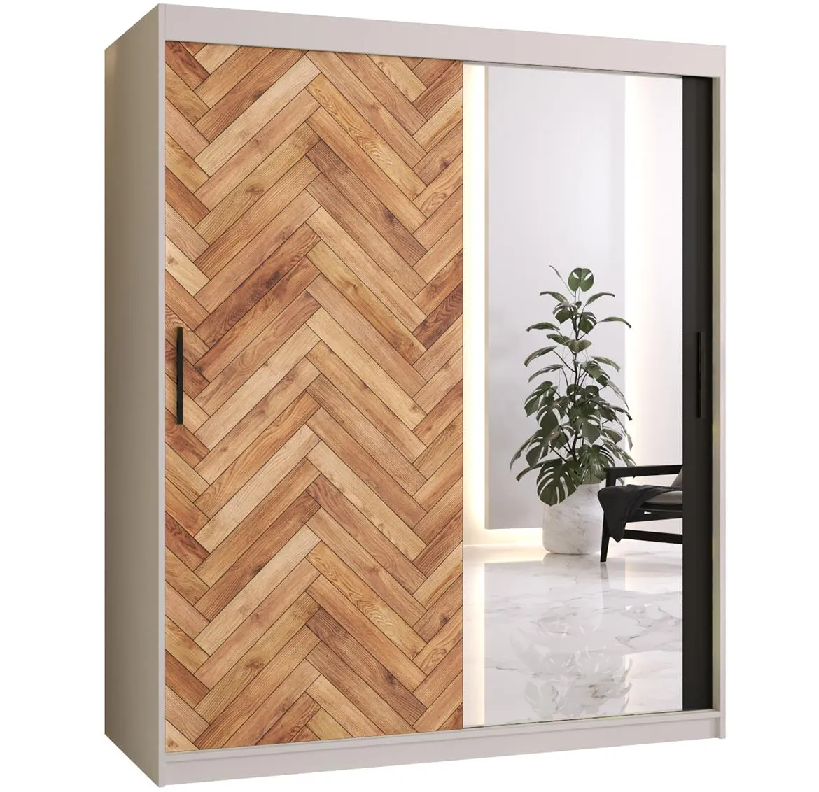 Herringbone 2 klizni ormar 2 vrata/ogledalo 150x62x200 cm crno/beli/natur